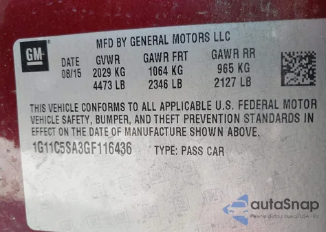 2016 Chevrolet Malibu Limited Lt из США, поврежденный, VIN 1G11C5SA3GF116436